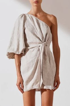 Shona Joy Margot Embroidered Linen One Shoulder Draped Mini Dress