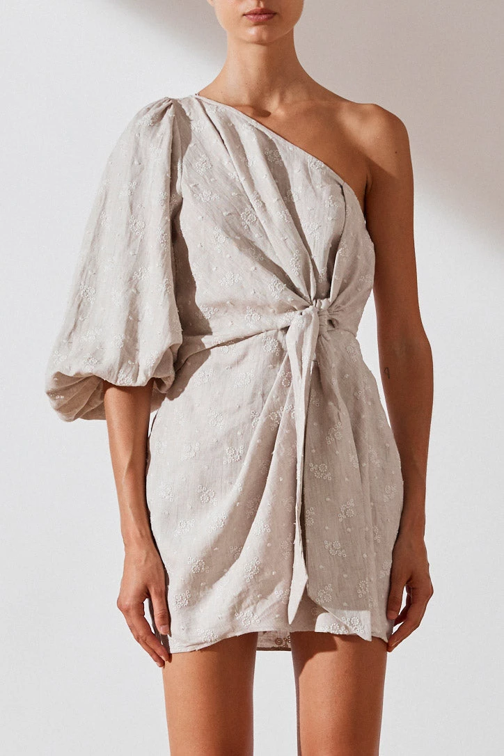 Shona Joy Margot Embroidered Linen One Shoulder Draped Mini Dress 3 Shona Joy Margot Embroidered Linen One Shoulder Draped Mini Dress