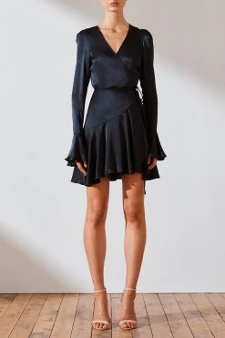 Shona Joy Morrison Frill Cuff Wrap Mini Dress Navy