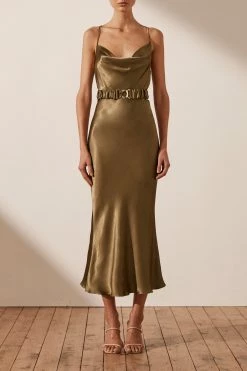 Shona Joy Gala Bias Midi Dress W/ Belt Warm Olive