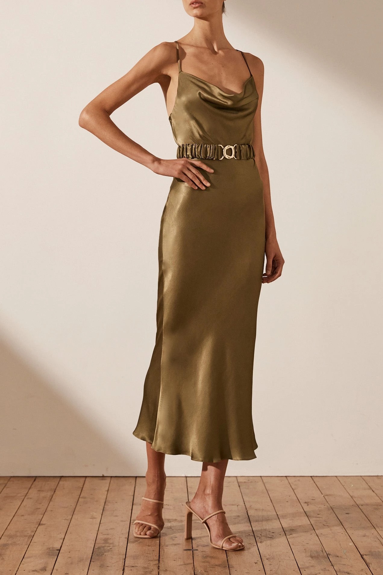 Shona Joy Gala Bias Midi Dress W/ Belt Warm Olive 5 Shona Joy Gala Bias Midi Dress W/ Belt Warm Olive