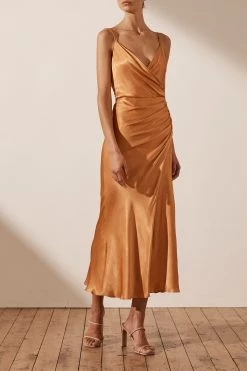 Shona Joy Gala Draped Midi Dress Golden Oak