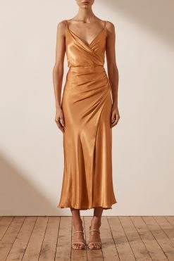 Shona Joy Gala Draped Midi Dress Golden Oak
