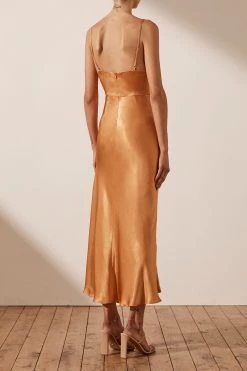 Shona Joy Gala Draped Midi Dress Golden Oak