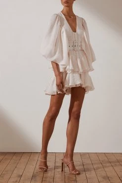 Shona Joy Charlotte Plunged Draped Mini Dress Ecru