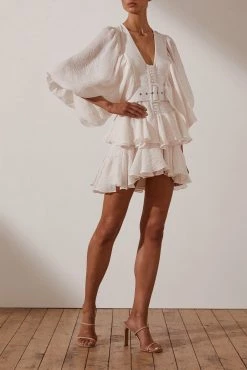 Shona Joy Charlotte Plunged Draped Mini Dress Ecru