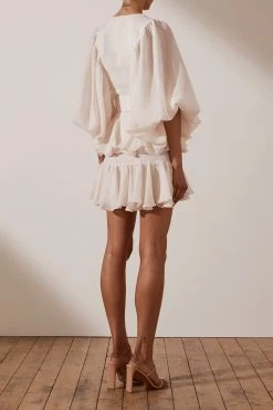 Shona Joy Charlotte Plunged Draped Mini Dress Ecru