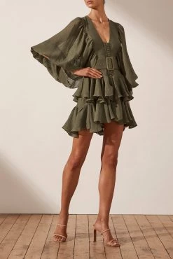 Shona Joy Charlotte Plunged Draped Mini Dress Khaki