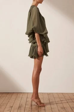 Shona Joy Charlotte Plunged Draped Mini Dress Khaki 8 Shona Joy Charlotte Plunged Draped Mini Dress Khaki