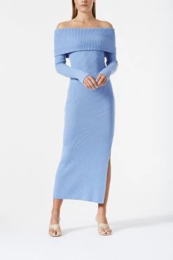 San Sloane Elwyn Off Shoulder Rib Knit Dress Dusk Blue