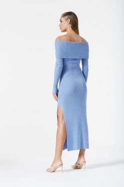 San Sloane Elwyn Off Shoulder Rib Knit Dress Dusk Blue