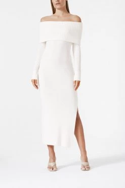San Sloane Elwyn Off Shoulder Rib Knit Dress White
