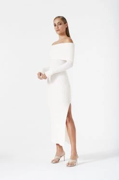 San Sloane Elwyn Off Shoulder Rib Knit Dress White