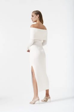 San Sloane Elwyn Off Shoulder Rib Knit Dress White