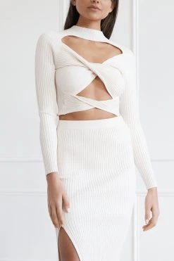 San Sloane Sagan Twist Cut Out Rib Knit Top Ecru