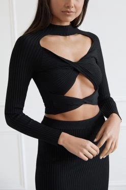 San Sloane Sagan Twist Cut Out Rib Knit Top Black