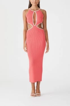 San Sloane Adrian Rib Midi Dress Coral-White
