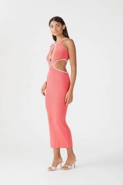 San Sloane Adrian Rib Midi Dress Coral-White