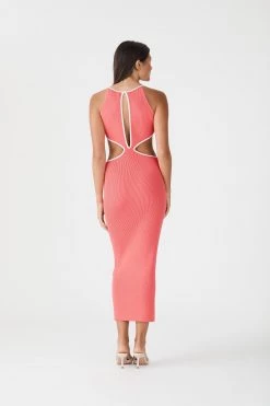 San Sloane Adrian Rib Midi Dress Coral-White
