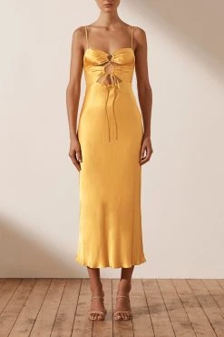Shona Joy Alma Lace Up Midi Dress Saffron