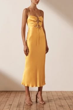 Shona Joy Alma Lace Up Midi Dress Saffron