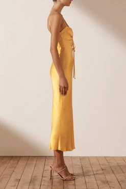 Shona Joy Alma Lace Up Midi Dress Saffron