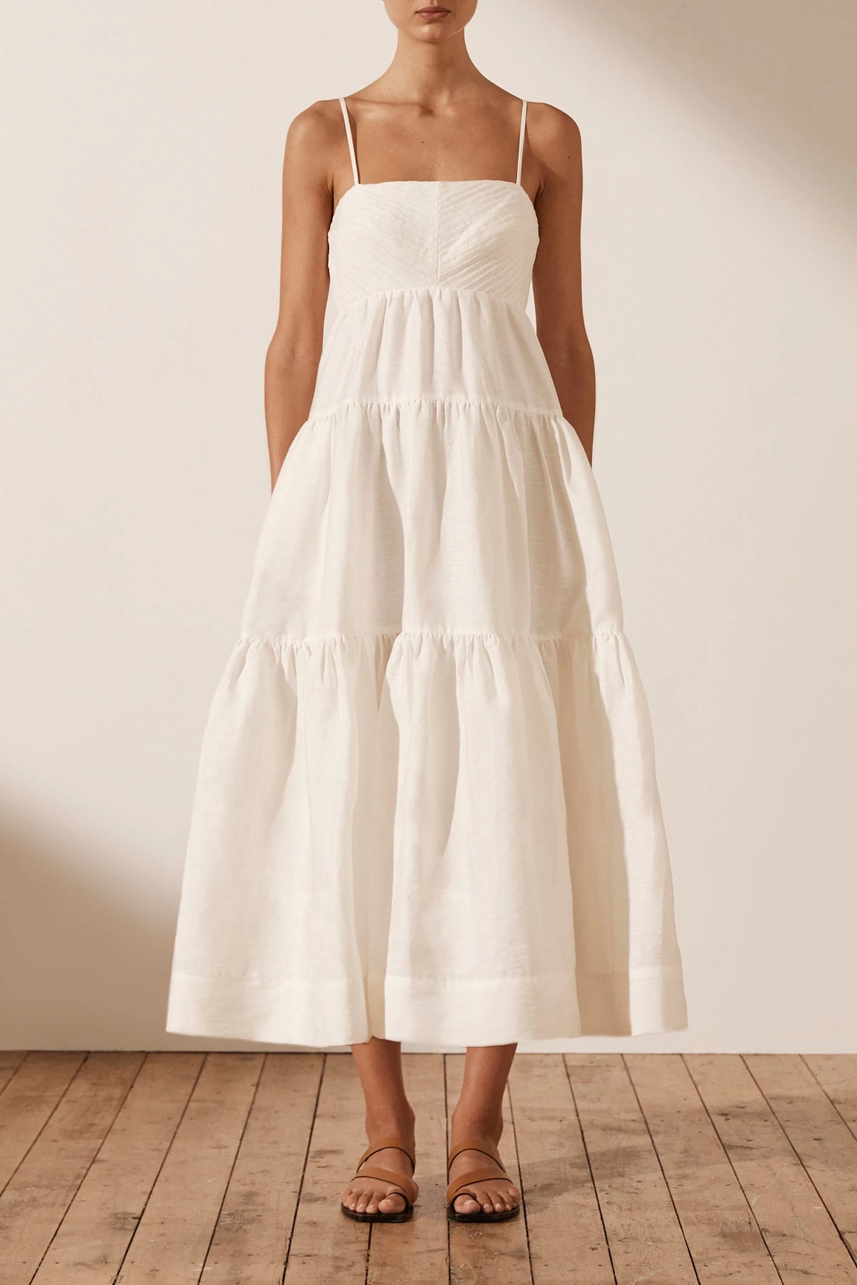 Shona Joy Maya Pin Tuck Open Back Tiered Midi Ivory 3 Shona Joy Maya Pin Tuck Open Back Tiered Midi Ivory