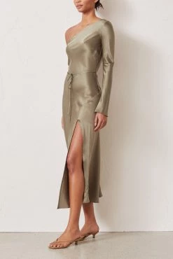 Bec And Bridge Classic Silk Asym Midi Dress Khaki