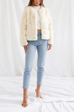 San Sloane Tyra Quilted Faux Fur Jacket Cream