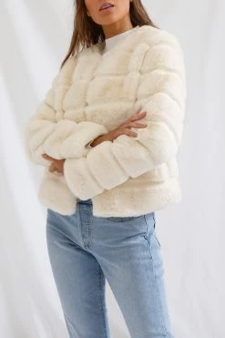 San Sloane Tyra Quilted Faux Fur Jacket Cream