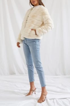 San Sloane Tyra Quilted Faux Fur Jacket Cream