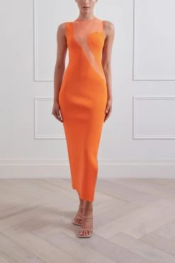 San Sloane Celine Solid-Sheer Midi Dress Orange