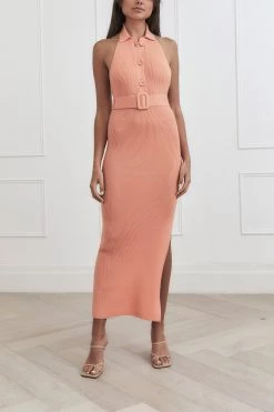 San Sloane Drake Rib Midi Dress Peach