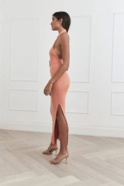 San Sloane Drake Rib Midi Dress Peach