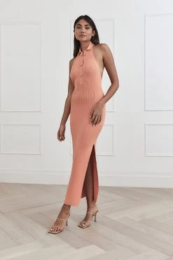 San Sloane Drake Rib Midi Dress Peach