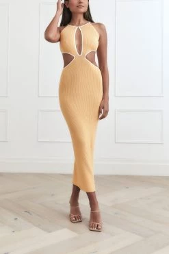 San Sloane Adrian Rib Midi Dress Melon-White