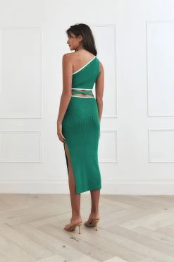San Sloane Arianna Rib Midi Dress Emerald Green - White