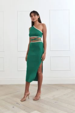 San Sloane Arianna Rib Midi Dress Emerald Green - White