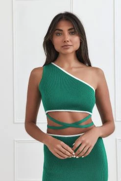 San Sloane Arianna Rib Midi Dress Emerald Green - White
