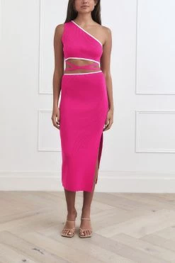 San Sloane Arianna Rib Midi Dress Hot Pink - White