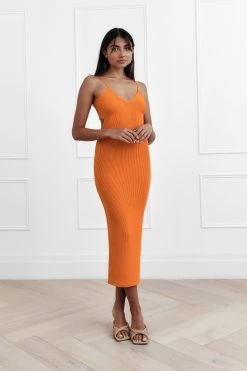 San Sloane Elle Rib Midi Dress Orange