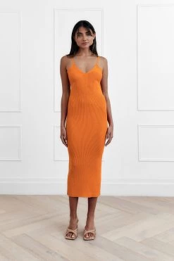 San Sloane Elle Rib Midi Dress Orange