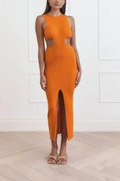 San Sloane Talia Rib Midi Dress Orange Sherbet