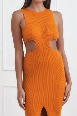 San Sloane Talia Rib Midi Dress Orange Sherbet