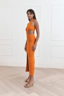 San Sloane Talia Rib Midi Dress Orange Sherbet