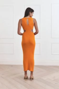 San Sloane Talia Rib Midi Dress Orange Sherbet