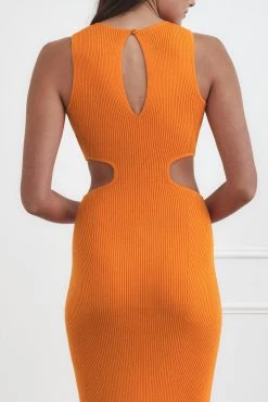 San Sloane Talia Rib Midi Dress Orange Sherbet