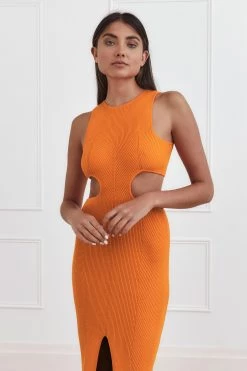 San Sloane Talia Rib Midi Dress Orange Sherbet