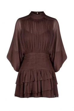 Shona Joy Olympia LS Ruched Mini Dress Chocolate