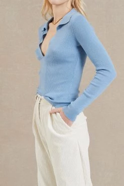 Bec And Bridge Freya Knit LS Polo Sky Blue
